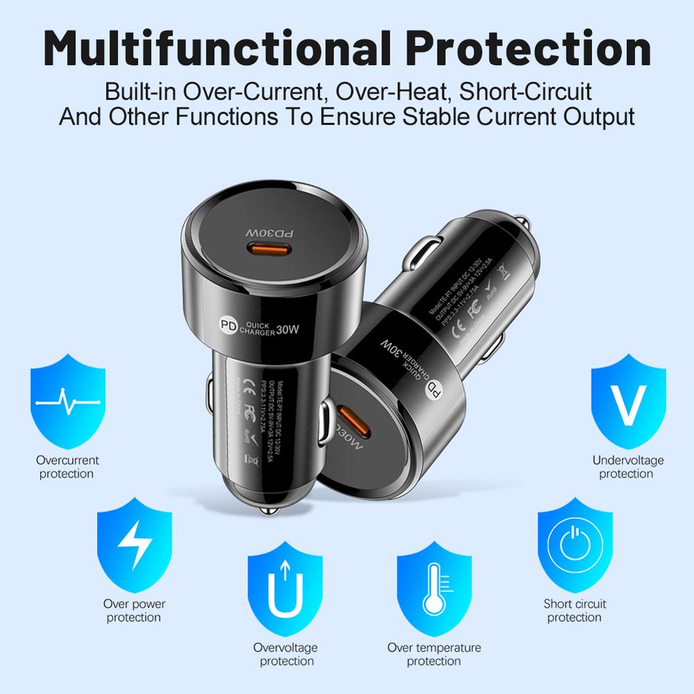 PD 30W USB Charger Socket USB Type C Car Power Adapter Multiple Protection Car USB-C Adapter for Samsung Huawei Xiaomi