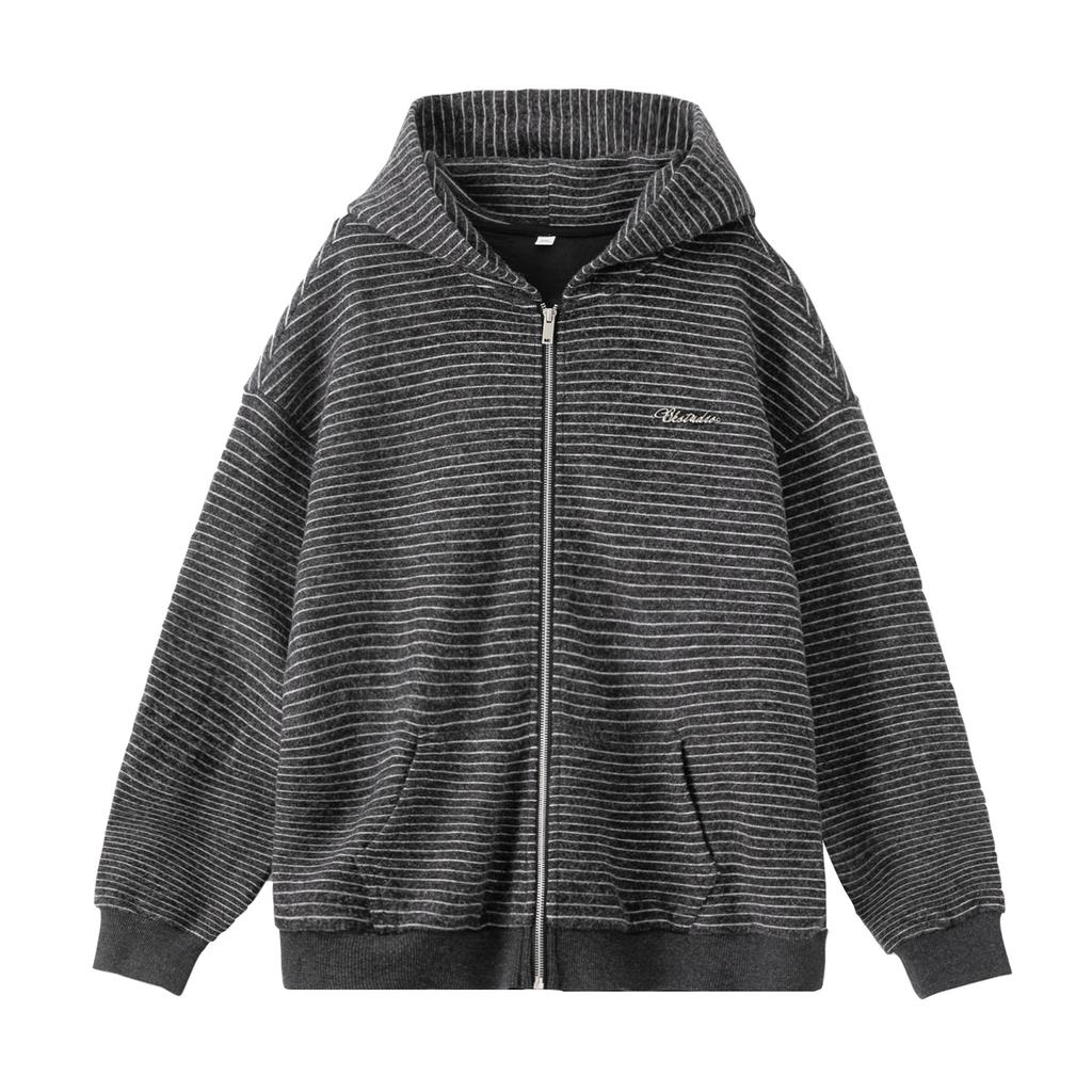 Vintage Color Block Striped Zip Up Hooded Cardigan Sweatshirt Loose Casual Men Warm Outerwear