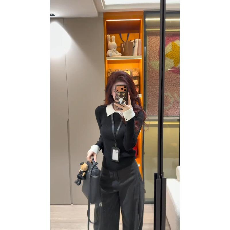 High-end Contrasting Color Collar Lapel Knitted Sweater Autumn and Winter Top Slim Shoulder Inner Long-sleeved Women's Soft Waxy Sweater