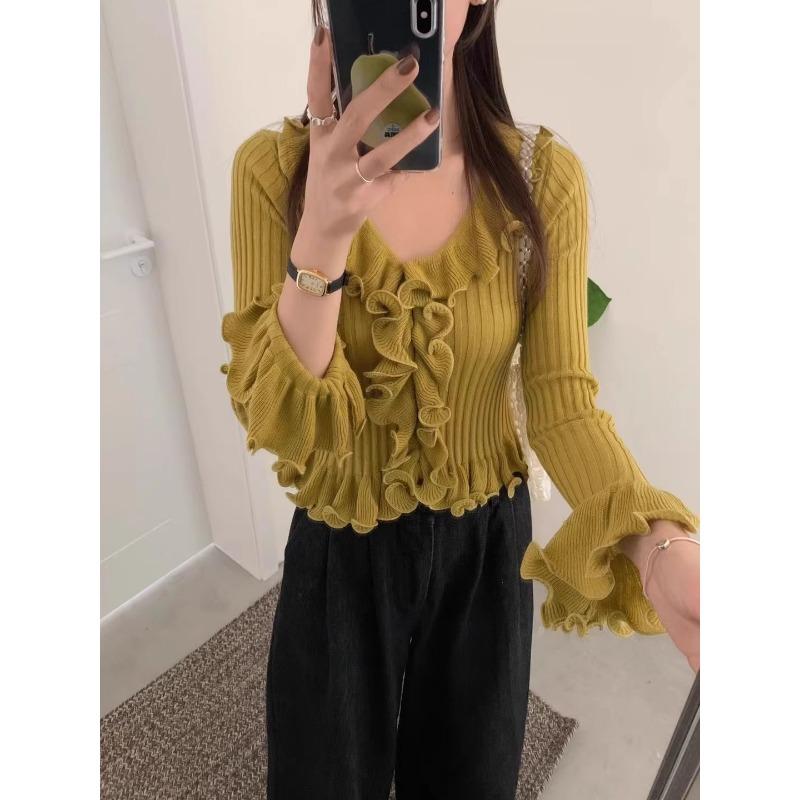 Pulover tricotat subțire cu dantelă ciupercă la modă, toamnă 2025 nou pulover de damă cu talie și decolteu în V 11950