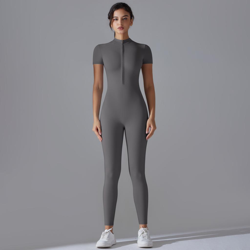Naked Zipper Short Sleeved Yoga Suit Jumpsuit, Quick Drying Breathable Outdoor Sports Tight Fitting Jumpsuit, Fitness Suit