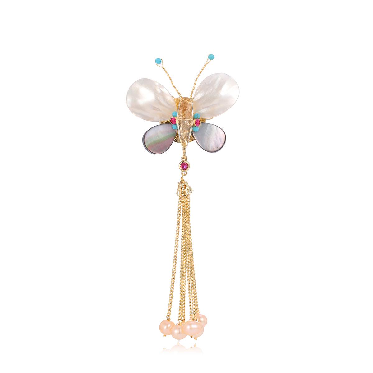 Handmade Baroque Butterfly Seashell Tassel Brooch with Beads