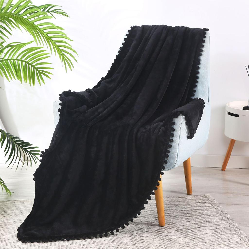 Winter Flannel Tassel Ball Blankets for Beds Warm Lightweight Plush Fleece Sofa Cover Decor European Style Solid Shawl Blanket