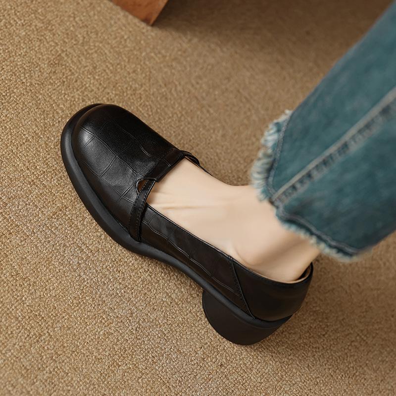 Pantofi simpli cu vârf rotund retro franțuzesc, cu gură adâncă, nou versatil de primăvară și toamnă 2024, toc gros, talpă groasă, toc gros, pantofi de damă cu toc înalt pentru navetă