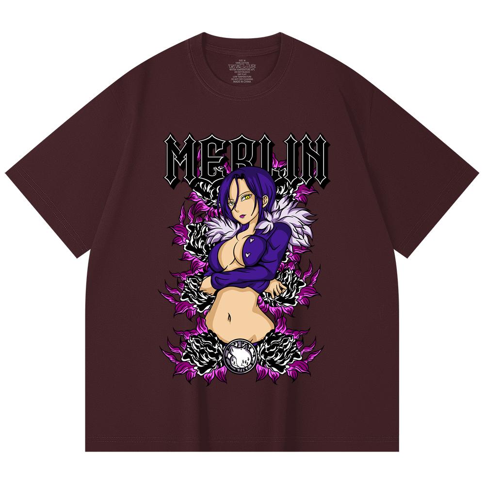 

230 Gsm 100% Cotton Seven Deadly Sins V8 Merlin Print Unisex Heavy Cotton T Shirt 2XL вина червоного кольору