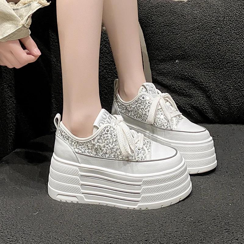 Fashion Bling Leather Flats Casual Dad Shoes Chunky Sneakers Women Platform Sports Shoes Ladies Skateboard Hidden Heels Shoes Tennis
