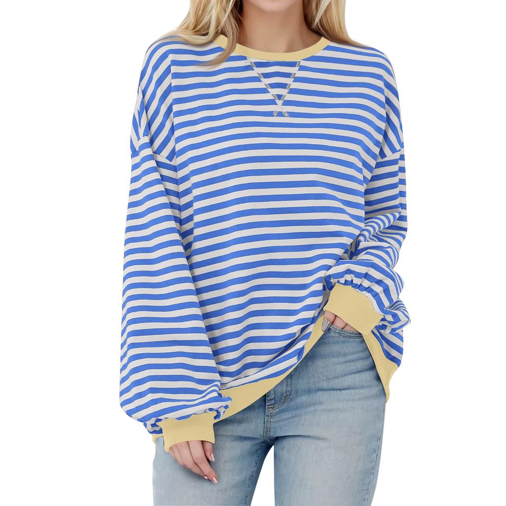 Women's Oversized Striped Color Blocking Long Sleeved Round Neck Sports Shirt Casual Loose Fitting Pullover Shirt Top