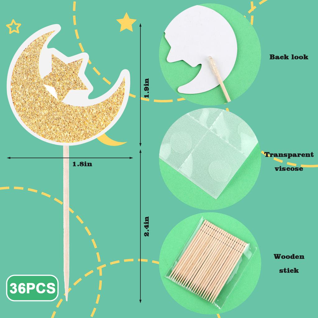 Toppere Scânteietoare Lună Stea pentru Cupcakes Eid Mubarak Toppere pentru Tort Lună Semilună Strălucitoare