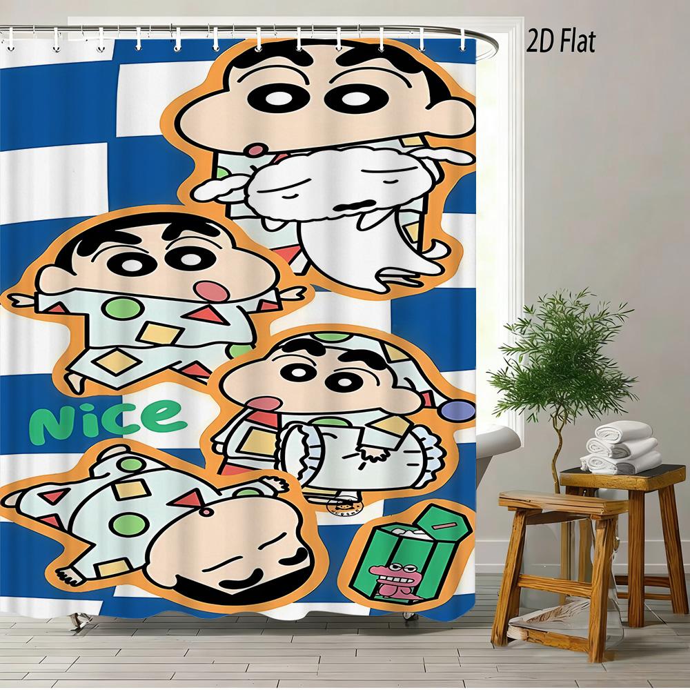 Crayon Shin-Chan & Shiro Checkerboard Pattern With Camera & Radio 2D Print Waterproof Shower Curtain, Yellow & White Bathroom De