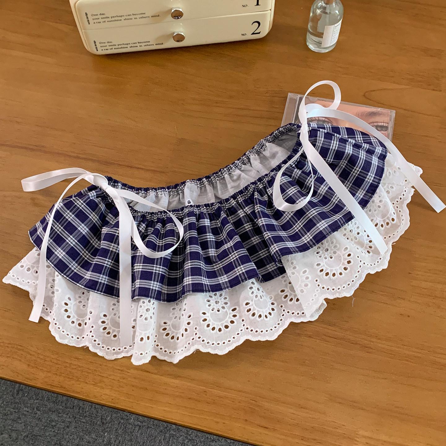 

Lace Trim Blue Plaid Skirt-Pants Layering Outfit for Girls One Size