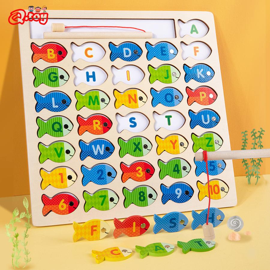 Montessori Educational Toy Wooden Fishing Puzzle Board Game Magnetic Fish Letter Digital Cognize Toy for Kids Preschool Learning