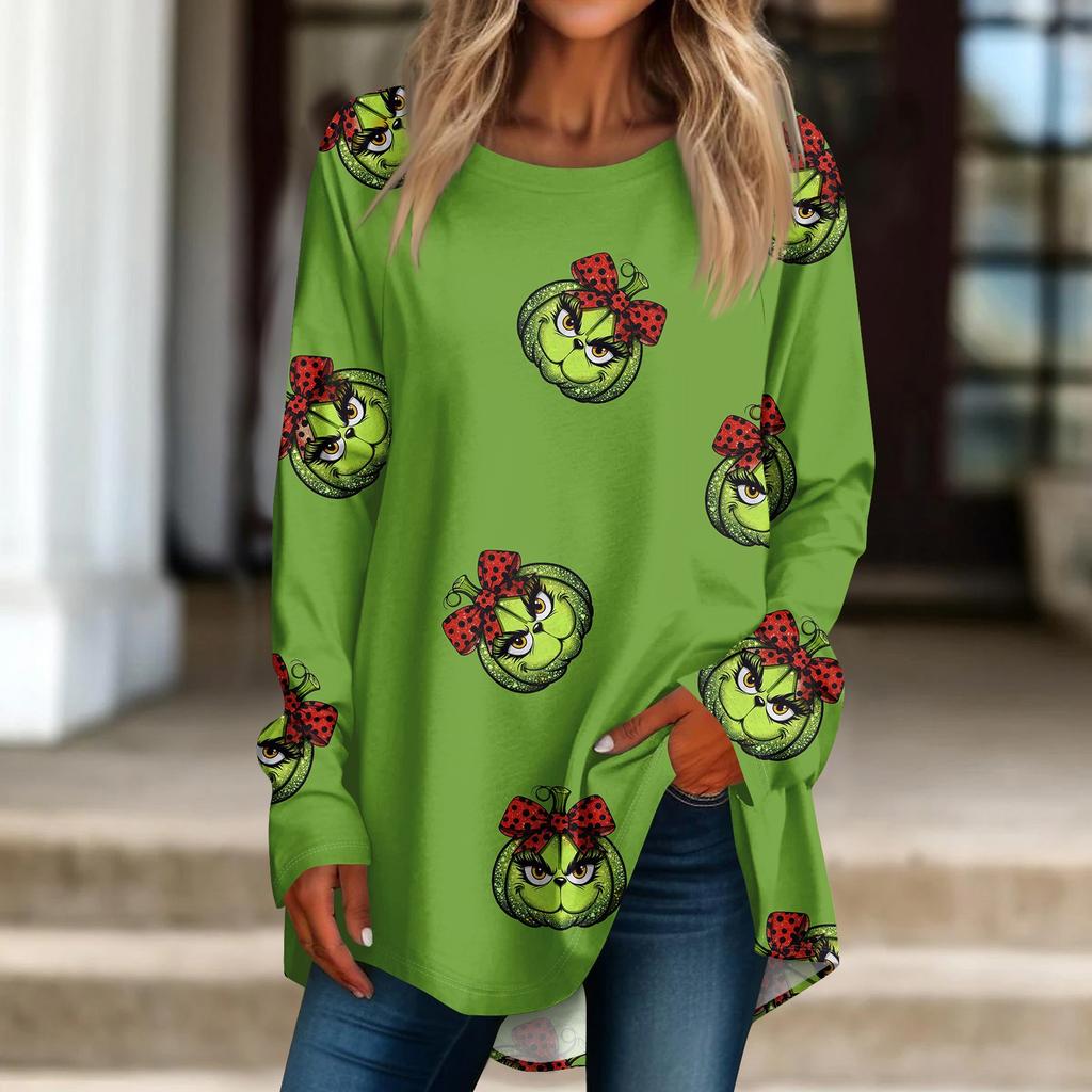 Damen Weihnachtsdruck Langarmshirt Rundhals Pullover T-Shirt Top Pullover