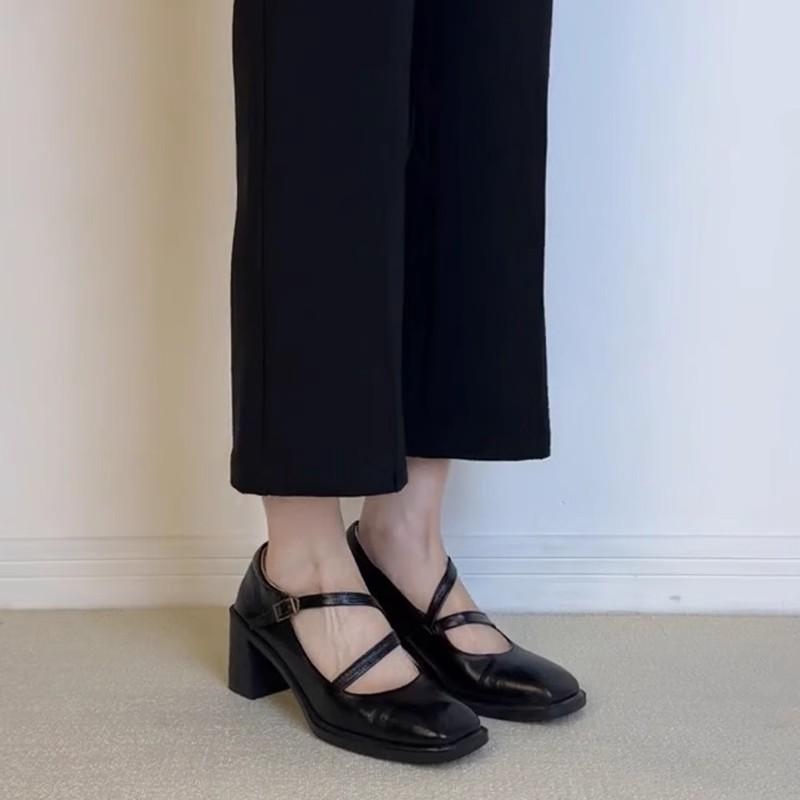 French Square Head High-heeled Mary Jane Shoes Women's Spring and Autumn New Thick Heel Light Mouth Commuter Shoes