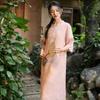 Johnature Women Embroidery Floral Vintage Dress Stand Half Sleeve Solid Color Summer Button Ramie A-Line Dress