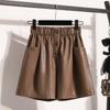 DIMANAF 2024 Übergröße Herbst Winter Shorts Damen Lässig Uni Neu PU Leder Locker Weites Bein Hosen Hohe Taille Kurze Hosen
