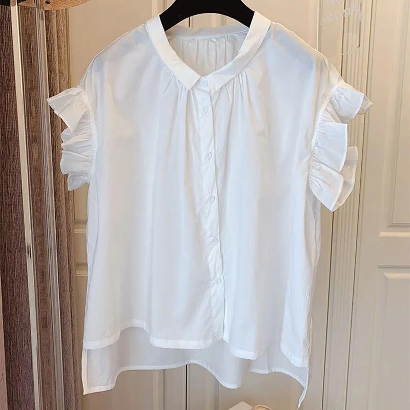 

Винтажная блузка для женщин Хлопок Повседневные рубашки Оборки Короткие рукава Блузки Женские топы Свободные Летние XS