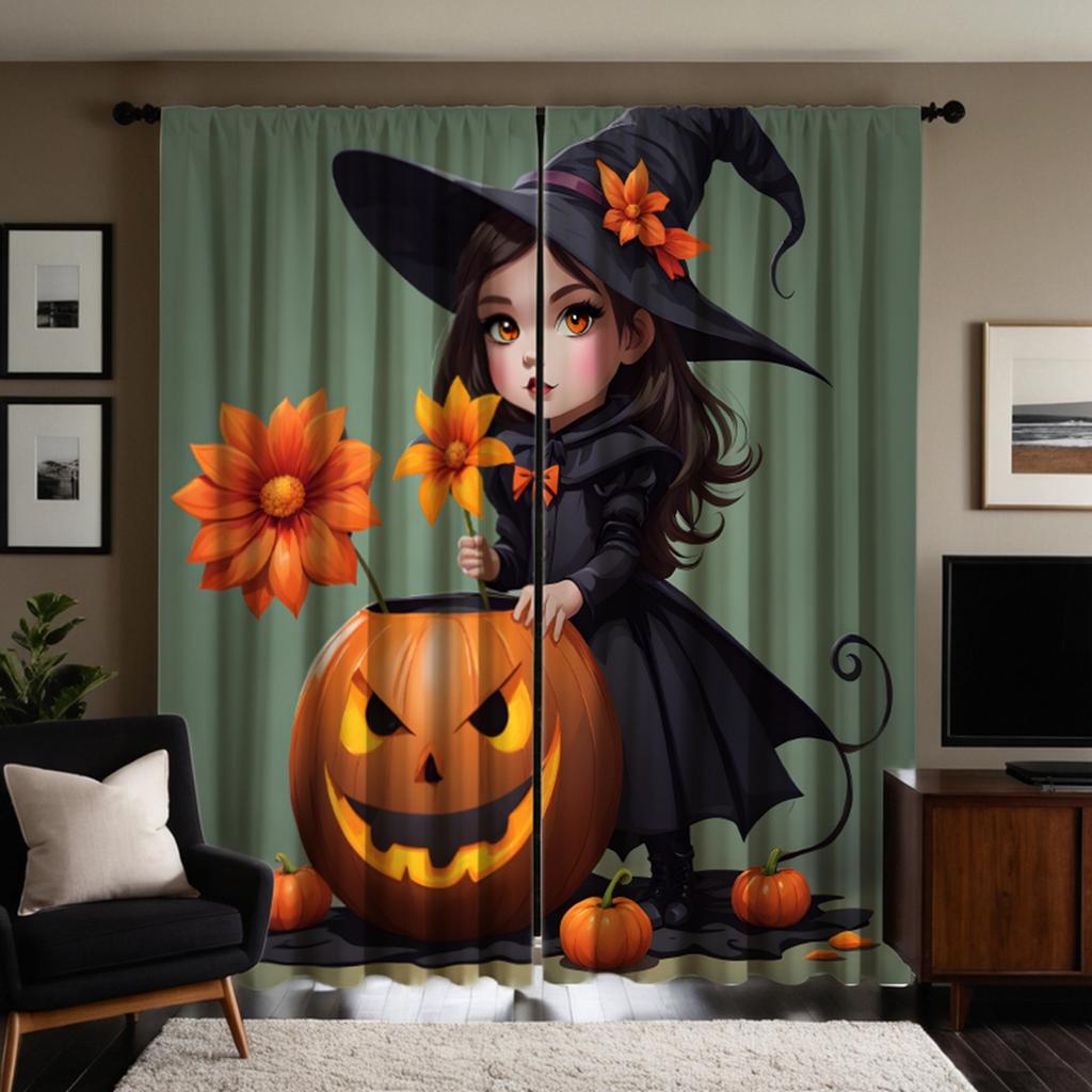 2pcs Set HD Halloween with Jack-o '-lantern Flower Witch Curtain Green Tie Digital Printed Curtain Home Decoration Style Deco