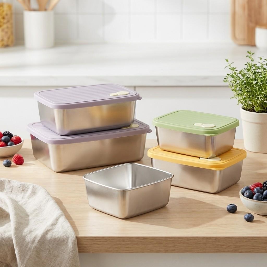 Stackable Fruit,Vegetable,Meat Food Container Durable Sealed 304 Stainless Steel Fresh-keeping Box Refrigerator&Microwave Safe