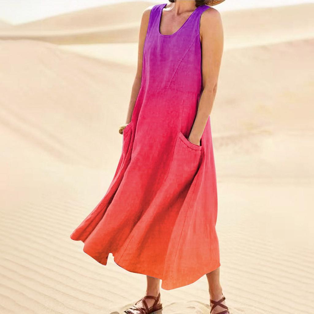 Lässiges, bequemes, ärmelloses Baumwolltaschenkleid mit Farbverlaufsdruck für Damen