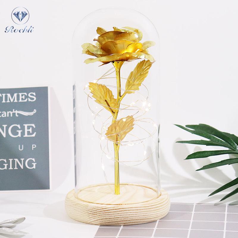 Gold Foil Rose Eternal Flower Glass Cover Gift for Valentine's Day, Christmas, New Year