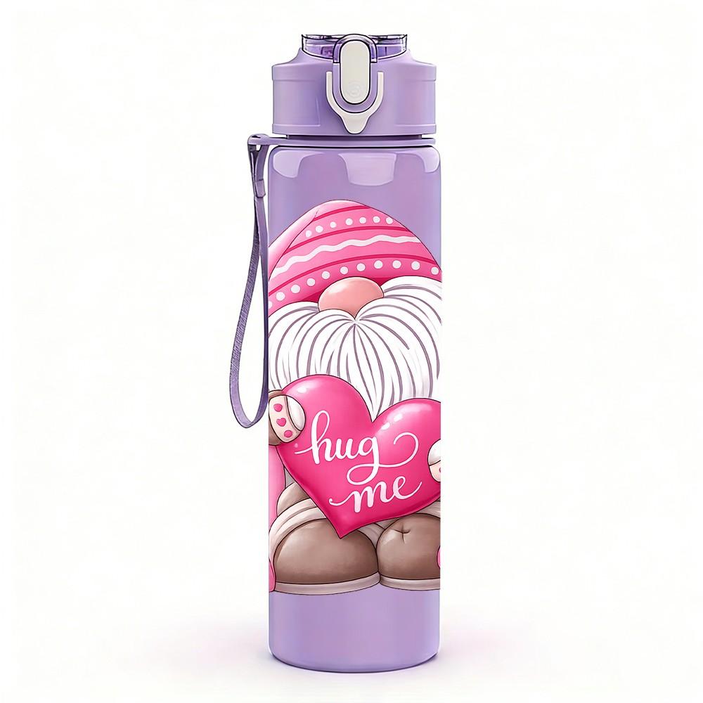 1PC Pink Heart Gnome Cartoon Print 750ml Color Plastic Sports Water Bottle Leakproof Flip Straw Lid Suitable for Sports Office Home Use