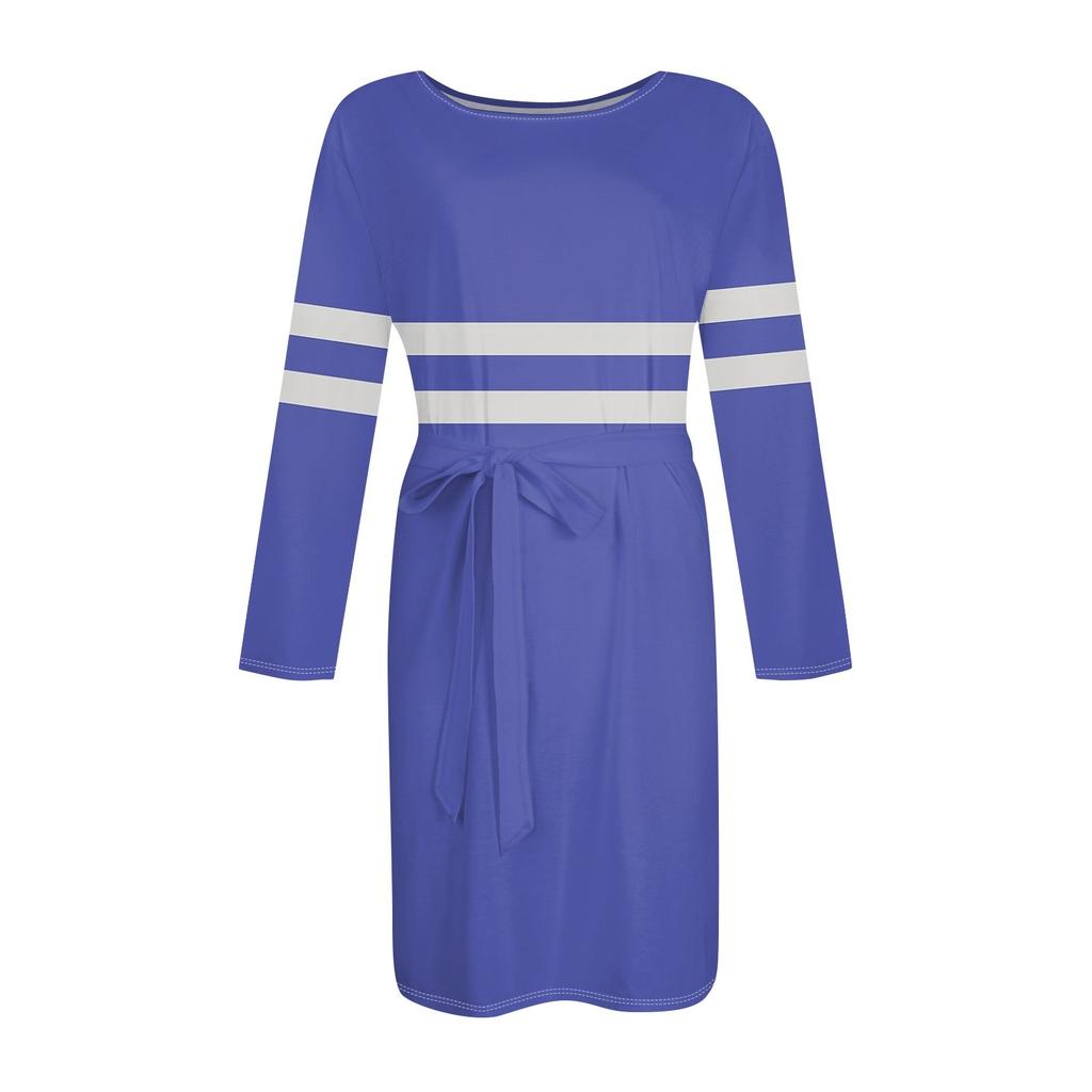 Dámská ležérní móda Sexy pruhované šaty s kulatým výstřihem a dlouhým rukávem v pase