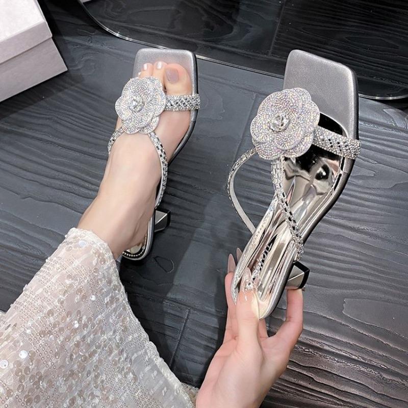 Shoes Slippers Women Summer Slides Thin Heels Fashion Heeled Mules Flower Low Pantofle Luxury High 2025Rome Rubber Floral Fabri
