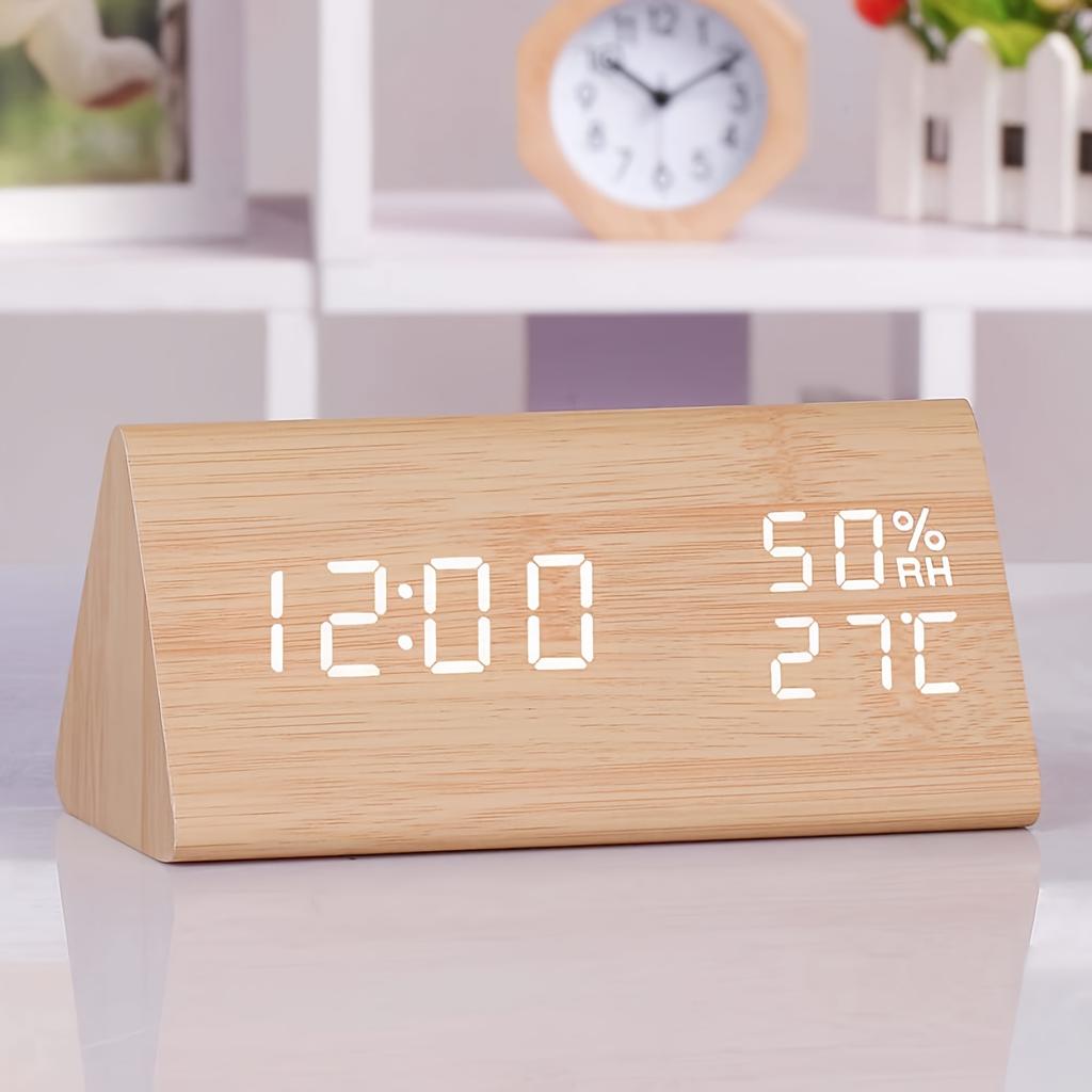 1PC Wood Grain Triangle Alarm Clock LED Bedside Alarm Clock, with Temperature and Humidity Display, Adjustable Brightness