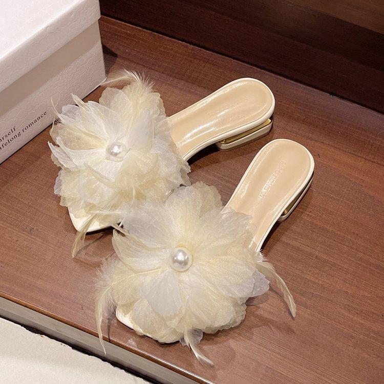 

[Youshilai] Fairy style thick heels slippers female 2025 summer wear fashion high sense one-word drag female 34