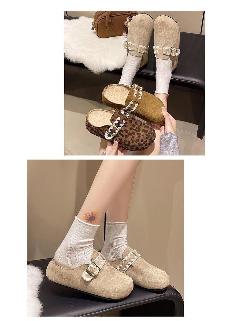 Thick-Soled Fleece-Lined Retro Birkenstock Women's Furry Round-Toe Slippers for Autumn/Winter