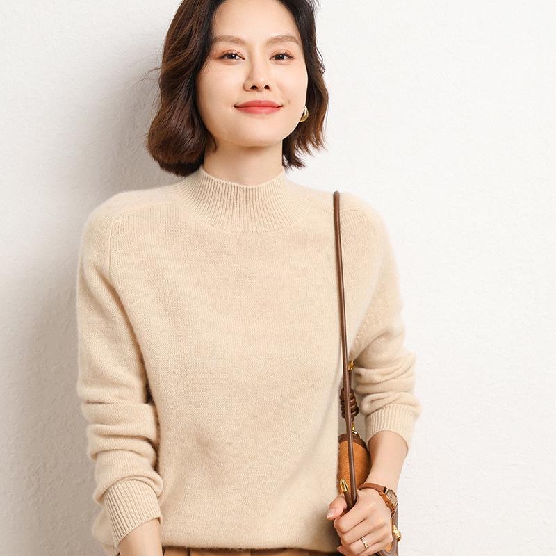 Women's 100% Wool Thickened Saddle Shoulder Sweater – Soft and Warm Half-High Neck Knitwear for Autumn and Winter