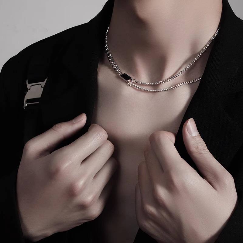 Men's High-End Black Gemstone Pendant Necklace - Trendy Original Design for Boys & Women