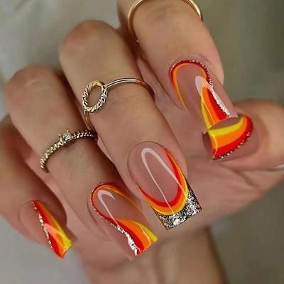 Flowers Wavy False Nails Long Square Nail Tips New Press On Nails  DIY