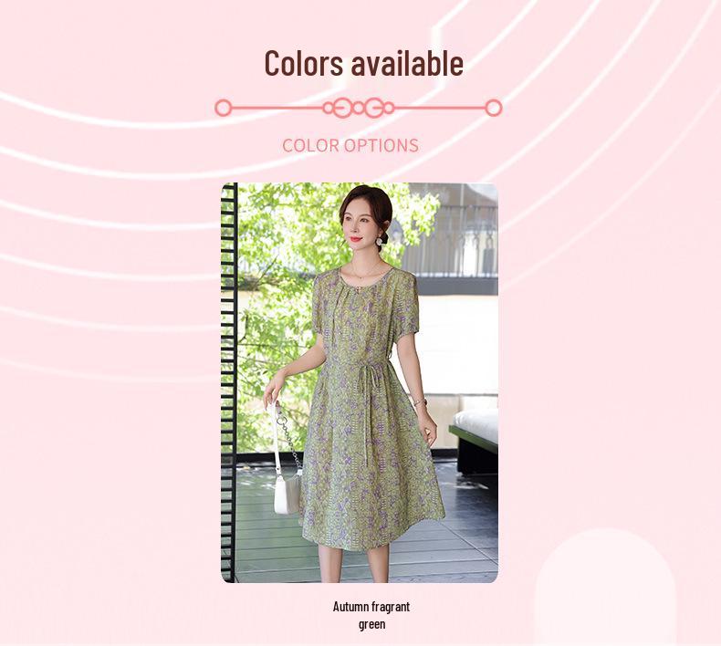 Xue Xi Mama 2026 Floral Slimming Summer Dress for Middle-Aged & Elderly Women - Short-Sleeve, Long Skirt