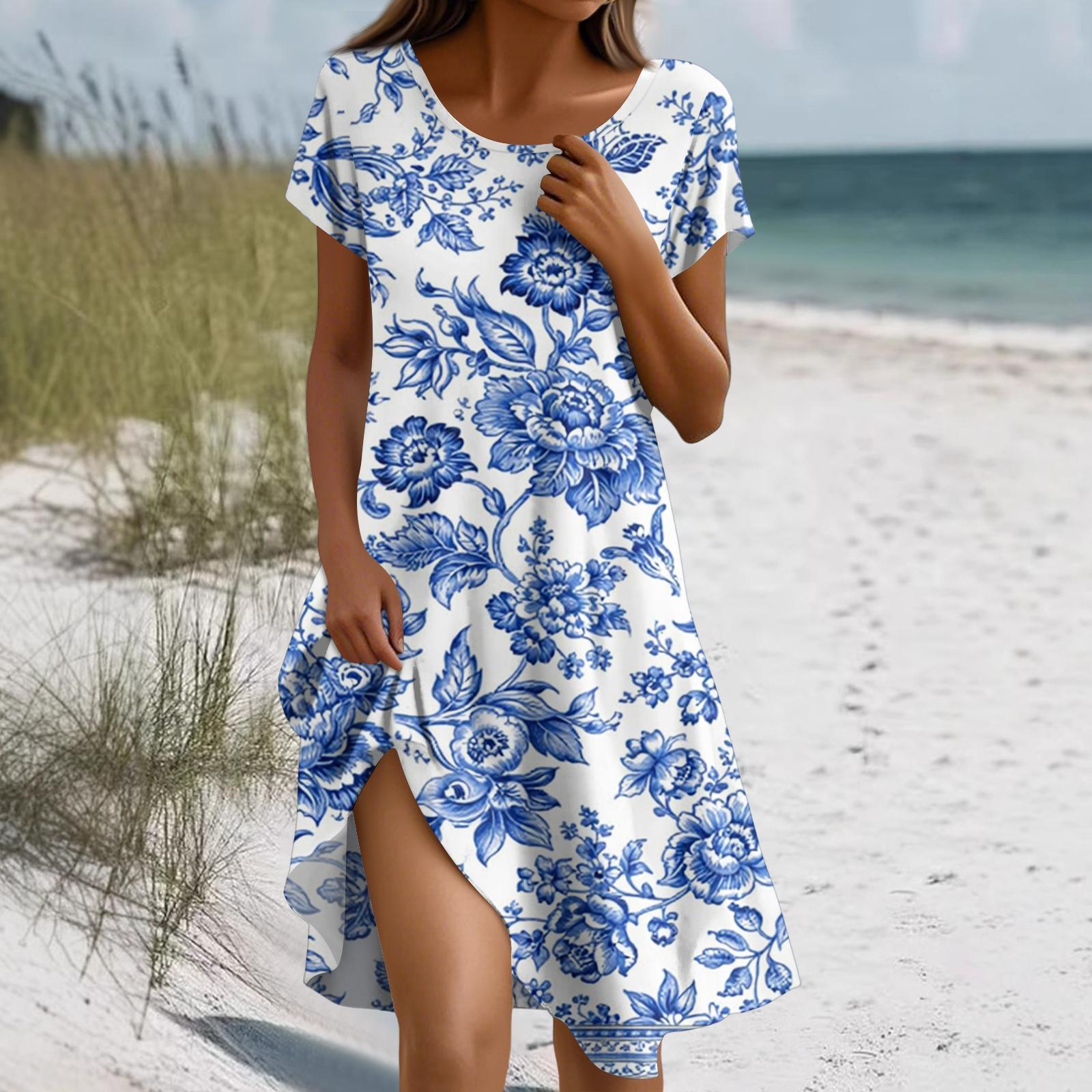 

Платье в стиле бохо с коротким рукавом для женщин, повседневное, свободного кроя, летнее, сарафан с цветочным принтом и карманами M синий