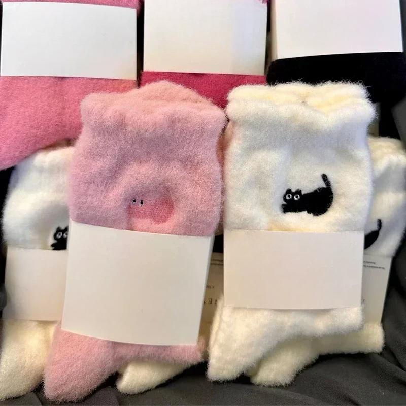 Girls Soft Velvet Winter Women's Cute Cat Print Thickened In Tube Socks Simple Cozy Hairy Sleep Fashion Sock