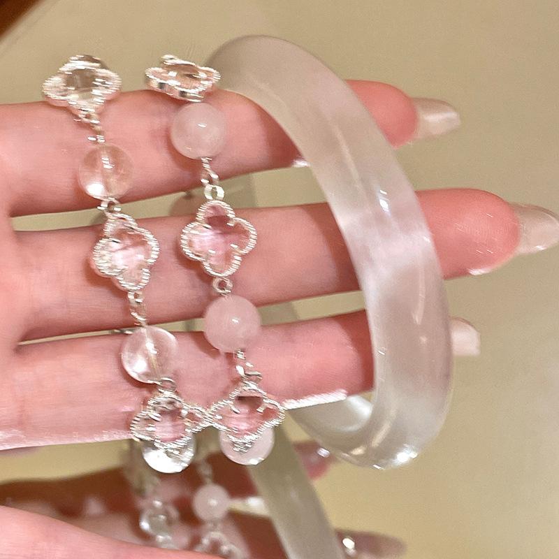 White Crystal Pink Crystal Clover Beaded Bracelet Bracelet Sweet Simple Versatile Jewelry