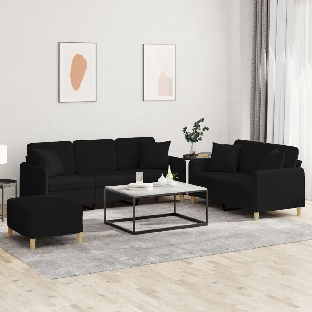 3 Piece Sofa Set with Cushions Black Fabric