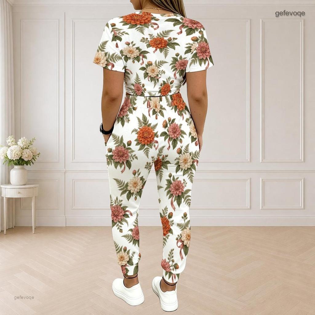 Women Plus Size White Printed Round Neck Short Sleeve Crop Top Drawstring Pocket Pants Two Piece Set