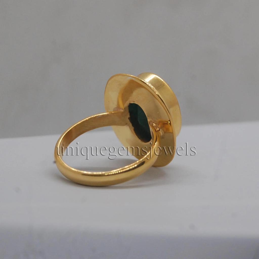 Rich Green Emerald 925 Sterling Silver Yellow Gold Fill Ring Jewelry, Handmade Artisan Gift Ring