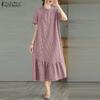 ZANZEA Women Casual Stand Collar Loose Short Sleeve Grid Print Dress