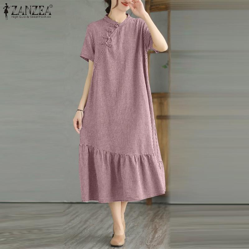 ZANZEA Women Casual Stand Collar Loose Short Sleeve Grid Print Dress