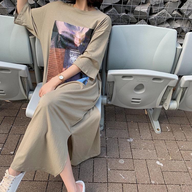 Plus Size Summer Korean Style Dress Women's Printed Long T-Shirt Dress Short Sleeve Loose Casual Dresses