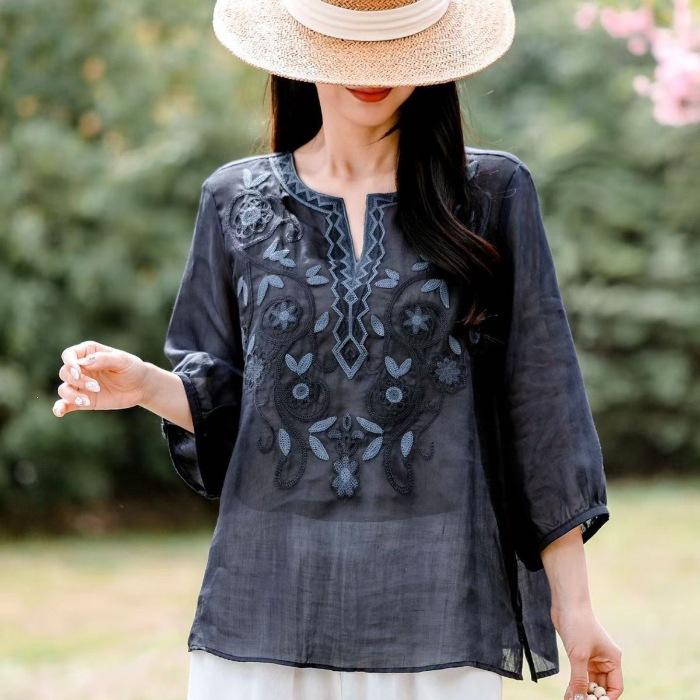 Women S Ramie Shirt 3 4 Sleeve V Neck Embroidered Elegant Top