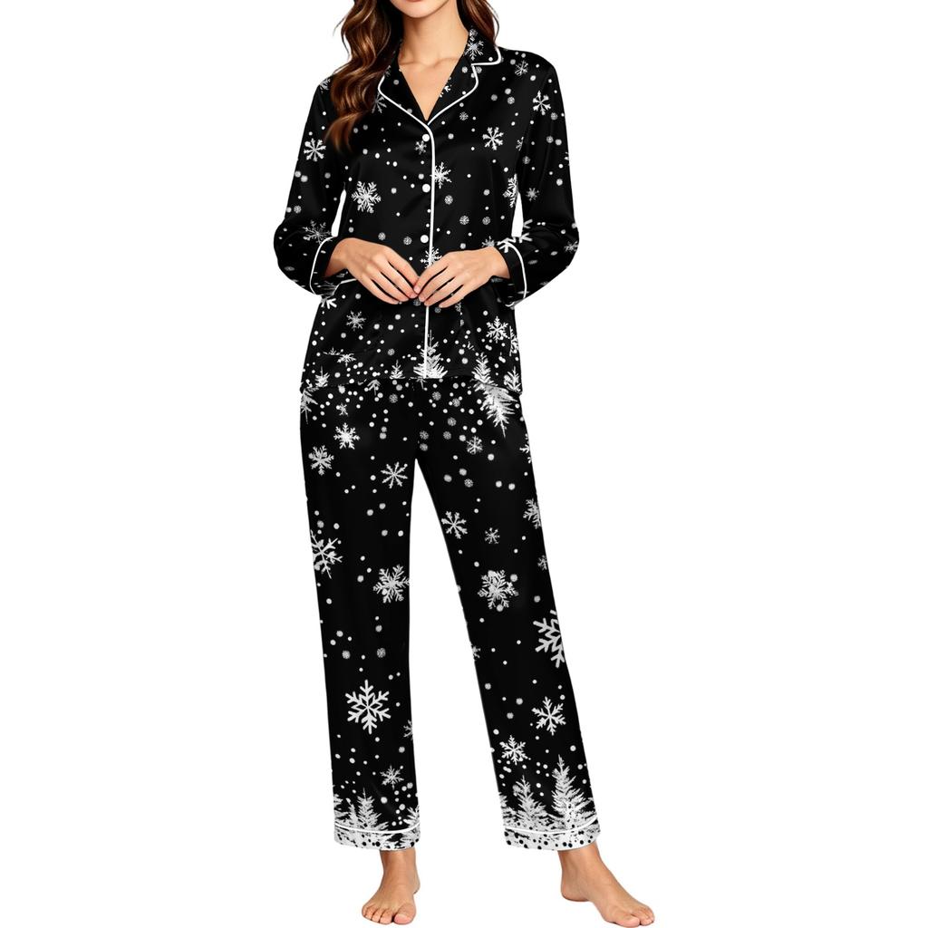 Women's Snowflake Print Long Sleeve Pajamas Sleepwear