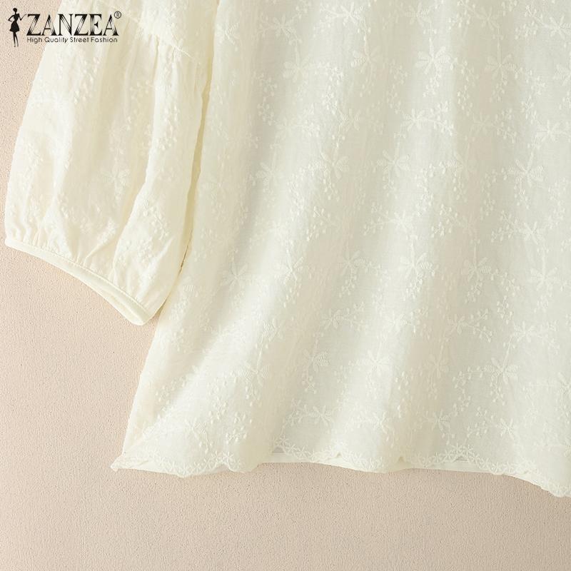 ZANZEA Women Casual Round Neck 3/4 Sleeve Loose Patchwork Cover Up Blouse