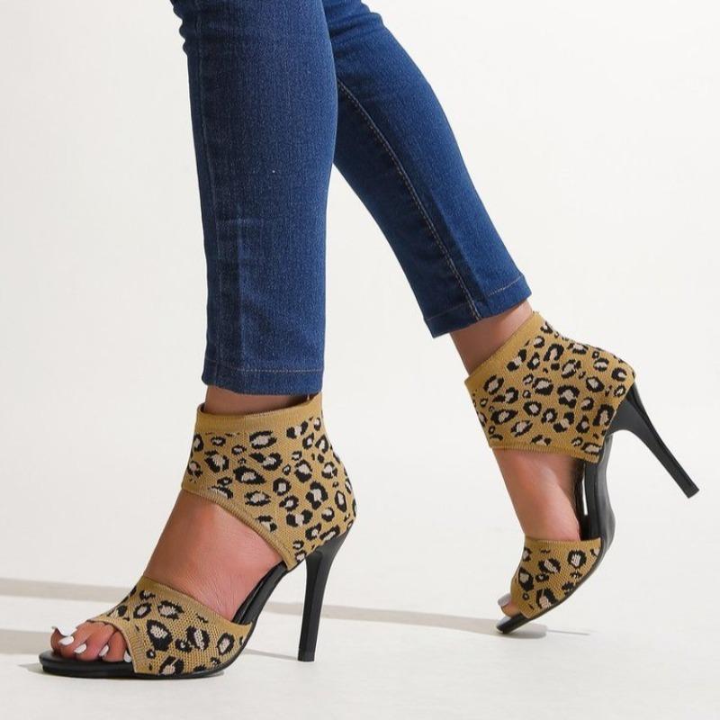 Flyweave High Heel Fish Mouth Sandals Women's Leopard Print Pointed Toe Open Toe Sexy Plus Size Shoes