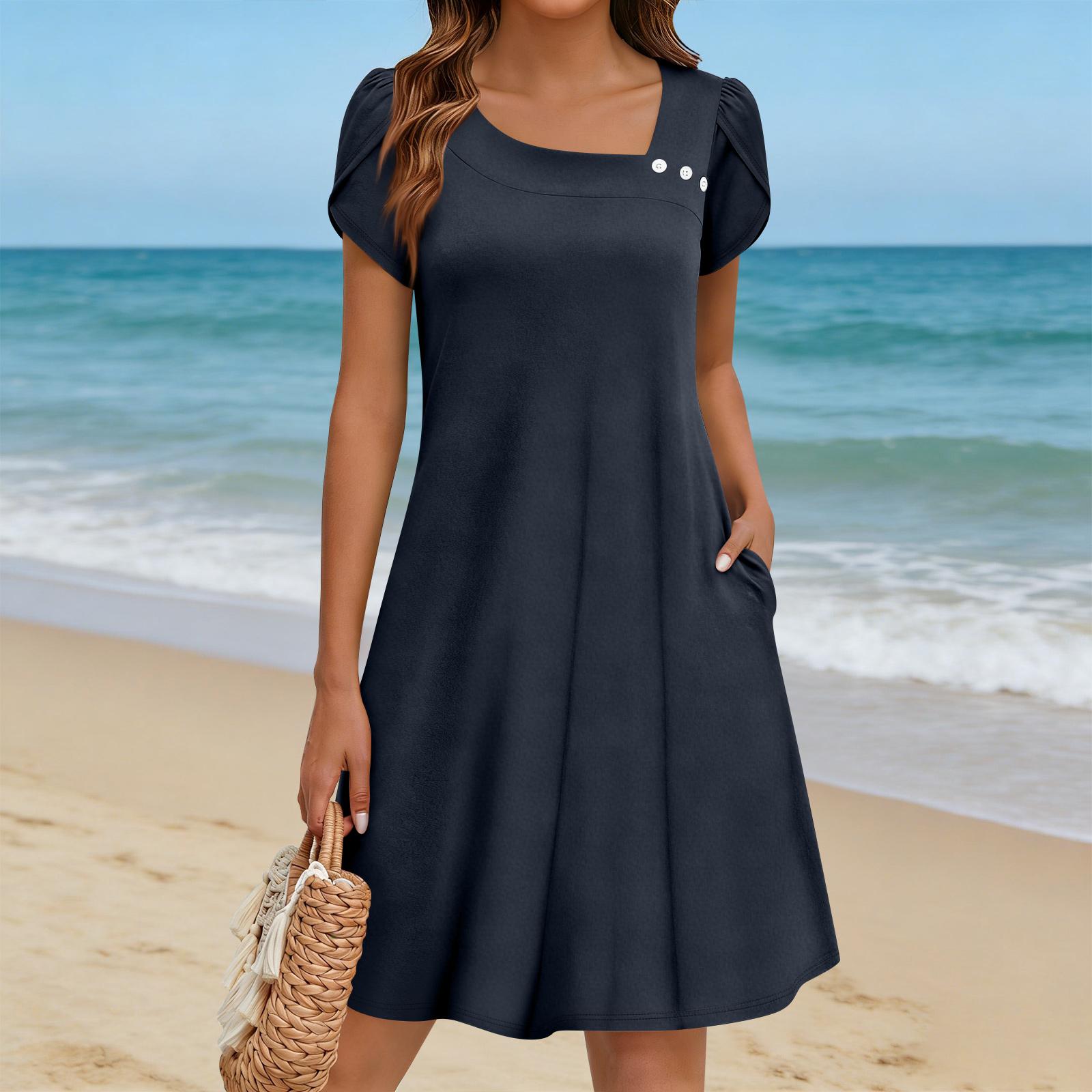 Women s Floral Print Dress With Short Sleeves And Pockets Casual Floral Print Dress XXL тёмно-синий