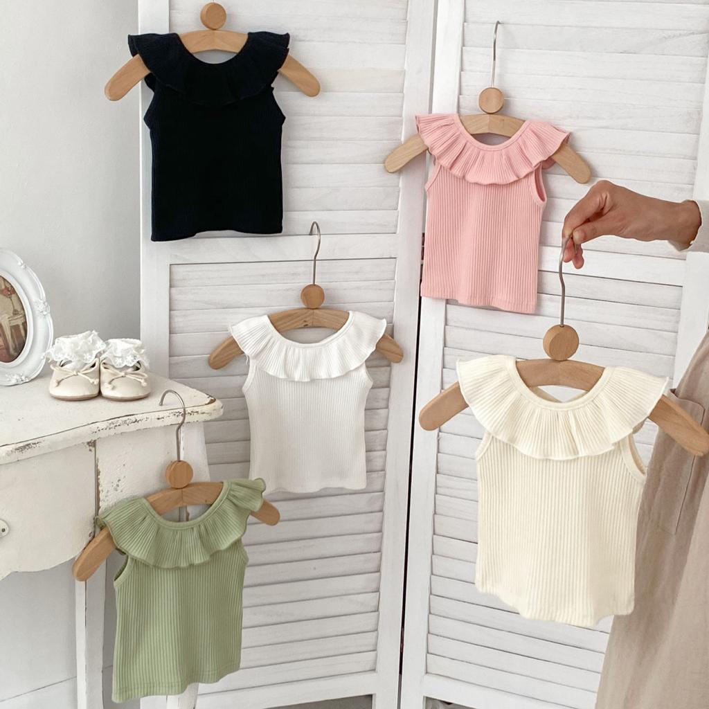 Girls Summer Solid Ruffle Sleeveless Tee And Princess Floral Tiered Skirt Pants Two Piece Outfit Set