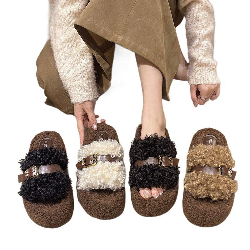 Super Hot Fur Slippers Autumn and Winter Women's Outerwear Internet Celebrity Curly Fur Belt Buckle New Platform Flip-flops To Show Skinny Fur Shoes